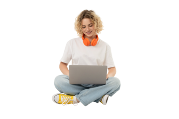 Person relaxes on floor with laptop, isolated on white, PNG