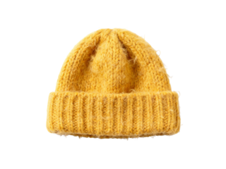 Yellow knitted beanie hat with ribbed brim on white background