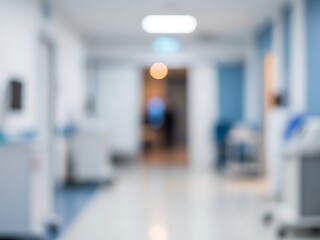 Blurred hospital hallway background with bright overhead lights and blue signage, creating a medical abstract bokeh effect