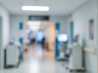 Blurred hospital hallway background with bright overhead lights and blue signage, creating a medical abstract bokeh effect