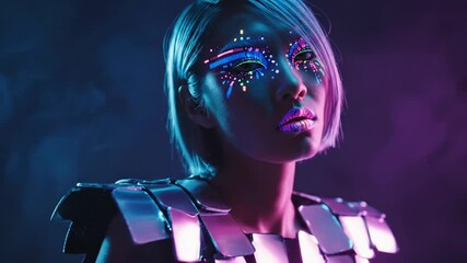 Futuristic person with glowing makeup and metallic armor in vibrant neon light - Powered by Adobe