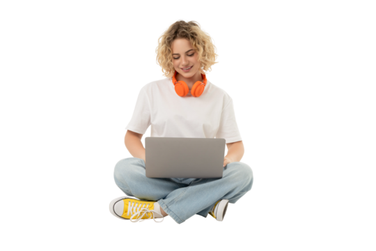 Person relaxes on floor with laptop, isolated on white, PNG