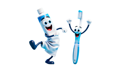 Animated toothpaste and toothbrush characters celebrating with joyful expressions