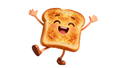 A cheerful animated slice of toast with arms and legs, jumping happily against a white background.