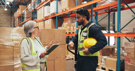 Supply chain, talking and people on tablet in warehouse for inspection, shipping and planning....