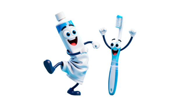Animated toothpaste and toothbrush characters celebrating with joyful expressions