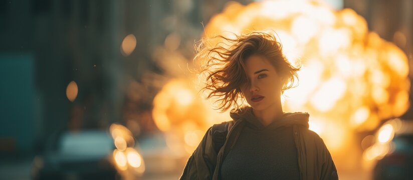 Strong young woman with windblown hair standing confidently in front of a dramatic fiery explosion on a city street at dusk, vibrant firelight illuminating her silhouette