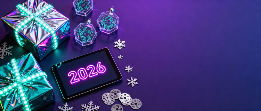 Modern Tech Holiday with Holographic Gifts and Neon 2026