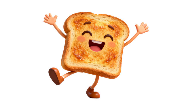 A cheerful animated slice of toast with arms and legs, jumping happily against a white background.