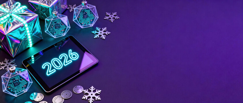 Futuristic Digital Holiday with Cyan Neon 2026 and Tech Gifts - Powered by Adobe