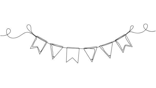 Decorative continuous one line art of festive party flags, a simple single stroke banner illustration for celebrations and events