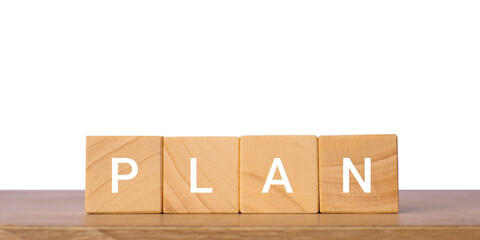 Wooden blocks with word plan for business strategy, isolated on transparent background
