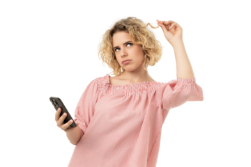 Pensive woman with curly hair on phone, isolated on white, PNG