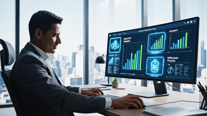 Businessman interacting with computer screen showcasing financial data and processing in office setting - Powered by Adobe