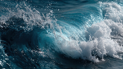 Blue ocean wave curling and crashing with sparkling water drops in bright sunlight, showing the raw power, movement, and freshness of the sea up close