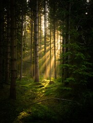 Fototapeta premium Sunlight Streaming Through Tall Evergreen Trees in Forest Creating Beautiful Light Rays and Shadows Nature Scene with Moss Covered Ground and Greenery at Tranquil Woodland