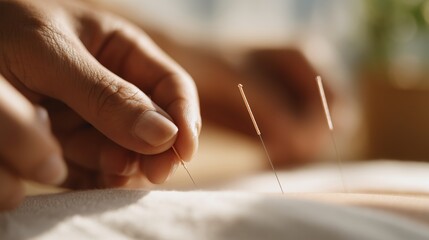 Expert hand placing acupuncture needles on a patient during a therapy session in a serene room