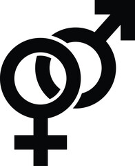 Black male and female gender symbols intertwined on white background male symbol female symbol