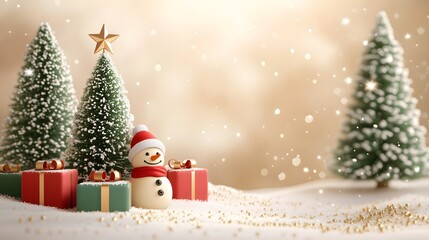 Christmas trees with gift boxes on soft snowy landscape, festive holiday banner with falling snow, cozy and minimal winter scene.	
