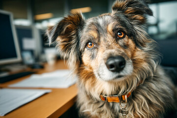 Happy office dog sits beside desk looking for attention during work hours Generative AI