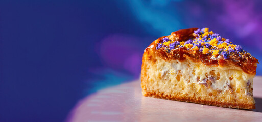 Slice of king cake against vibrant blue background