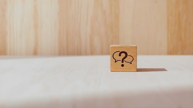 Small wooden cube with a question mark and speech bubble icon engraved on one side, resting on a light wooden surface with a blurred wooden background, symbolizing inquiry or confusion