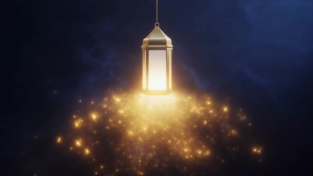 Cinematic rendering of a golden lantern hanging in a smoky, dark blue atmosphere. Magical light illuminates particles below. Ramadan concept.