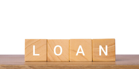 Wooden blocks with word loan for banking and finance, isolated on transparent background