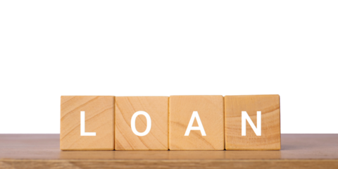 Wooden blocks with word loan for banking and finance, isolated on transparent background