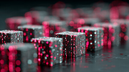 A futuristic 3D visualization of blockchain technology featuring interconnected glowing cubes floating within a digital network grid. The scene conveys concepts of big data, decentralized systems, cyb
