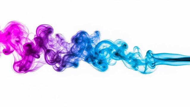 Vibrant pink, purple, and blue smoke flowing horizontally against a clean white background, creating an abstract and dynamic visual effect.