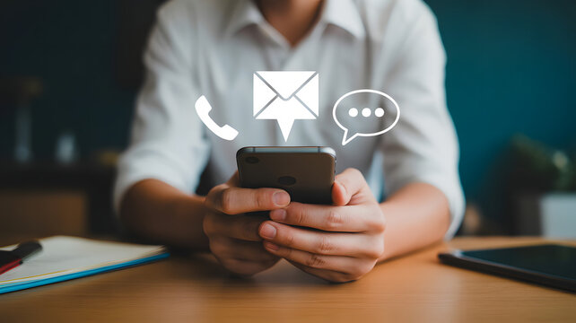 businessman holding a mobile phone with social network icons