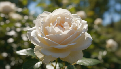 Beautiful white rose flower blooming in a sunny garden nature setting close up. Fresh floral blossom with soft petals representing romance and wedding love in bright summer outdoor park background.