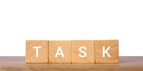 Wooden blocks with word task for productivity concept, isolated on transparent background