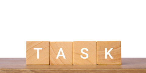 Wooden blocks with word task for productivity concept, isolated on transparent background