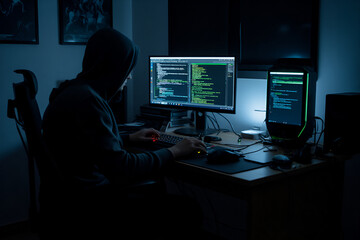 Hooded Programmer Working at Multiple Computer Screens in a Dark Room Focused on Coding and Cybersecurity