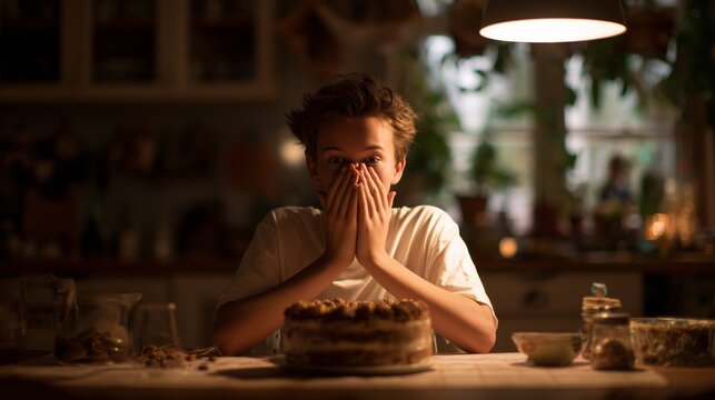Surprised boy sits at table in cozy kitchen with birthday cake in soft evening light - Powered by Adobe