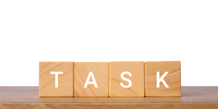 Wooden blocks with word task for productivity concept, isolated on transparent background