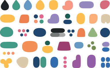 Assorted abstract organic shapes in muted pastel and earth tones arranged on a white background