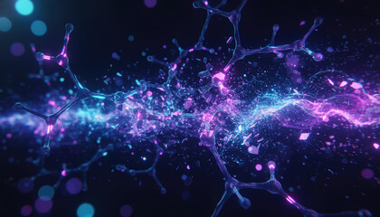 Futuristic abstract molecule and atom structure background featuring glowing blue and purple particles. 3D render of science chemistry and biology dna explosion for medical technology research.