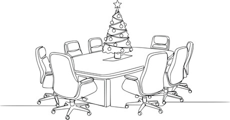 Continuous line drawing of a conference table with multiple office chairs and a festive christmas tree, symbolizing holiday business meetings and corporate cheer.