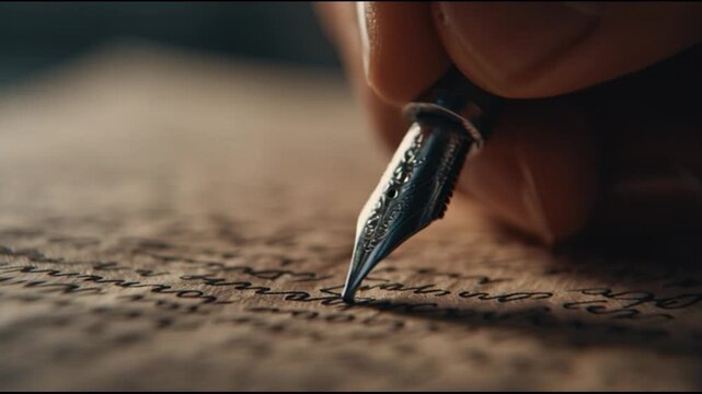 Close up fountain pen writing on textured paper