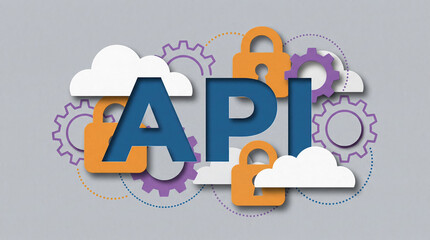 Application Programming Interface API concept illustration in paper cut style featuring blue text with security padlocks cloud computing and gears for web software development technology background.