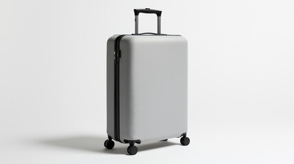 A sleek modern silver suitcase with a retractable handle and four spinner wheels on a white background.