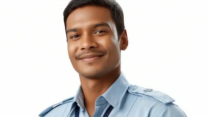 Young asian male police officer in uniform smiling confidently