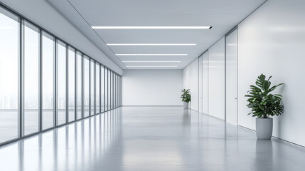 Modern minimalist hallway with large windows sleek floors and greenery creating a bright and airy atmosphere.