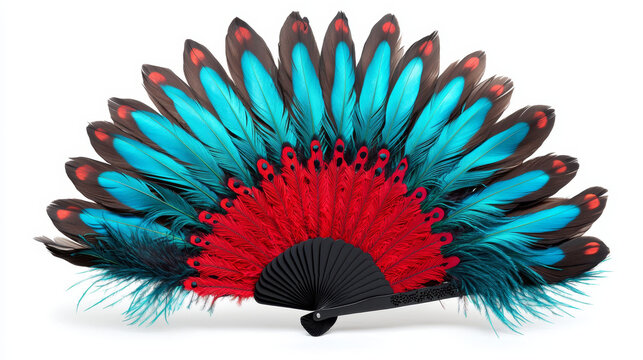 Feather fan with vibrant red and turquoise plumes a striking accessory for a festive occasion.