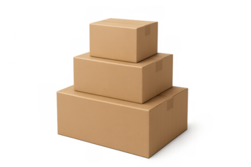 Stacked brown cardboard boxes representing shipping, moving, and e-commerce packaging, ready for delivery. Transparent background