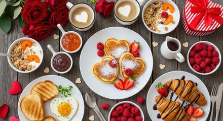 Festive Valentine's Day Breakfast on Rustic Wood. An overhead shot displaying a colorful spread of love and sweetness. Romantic brunch, sweet indulgence, celebratory mood.