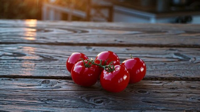 A cluster of shiny red tomatoes is arranged on a rustic wooden table, glistening under the soft afternoon sunlight. The vibrant tomatoes stand out against the warm, textured wood,